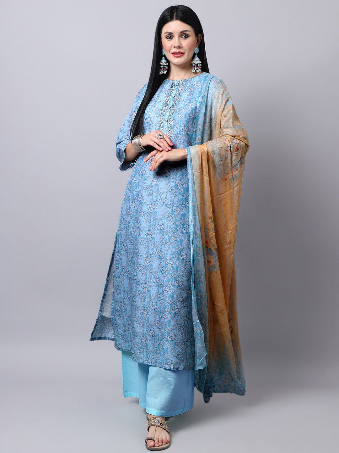 Stylee LIFESTYLE Turquoise Blue & Brown Printed Pure Silk Unstitched Dress Material Price in India