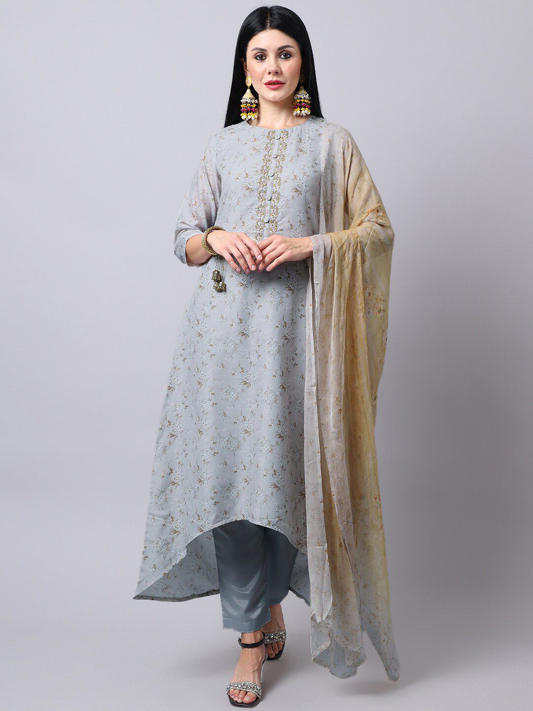 Stylee LIFESTYLE Grey & Beige Printed Pure Silk Unstitched Dress Material Price in India