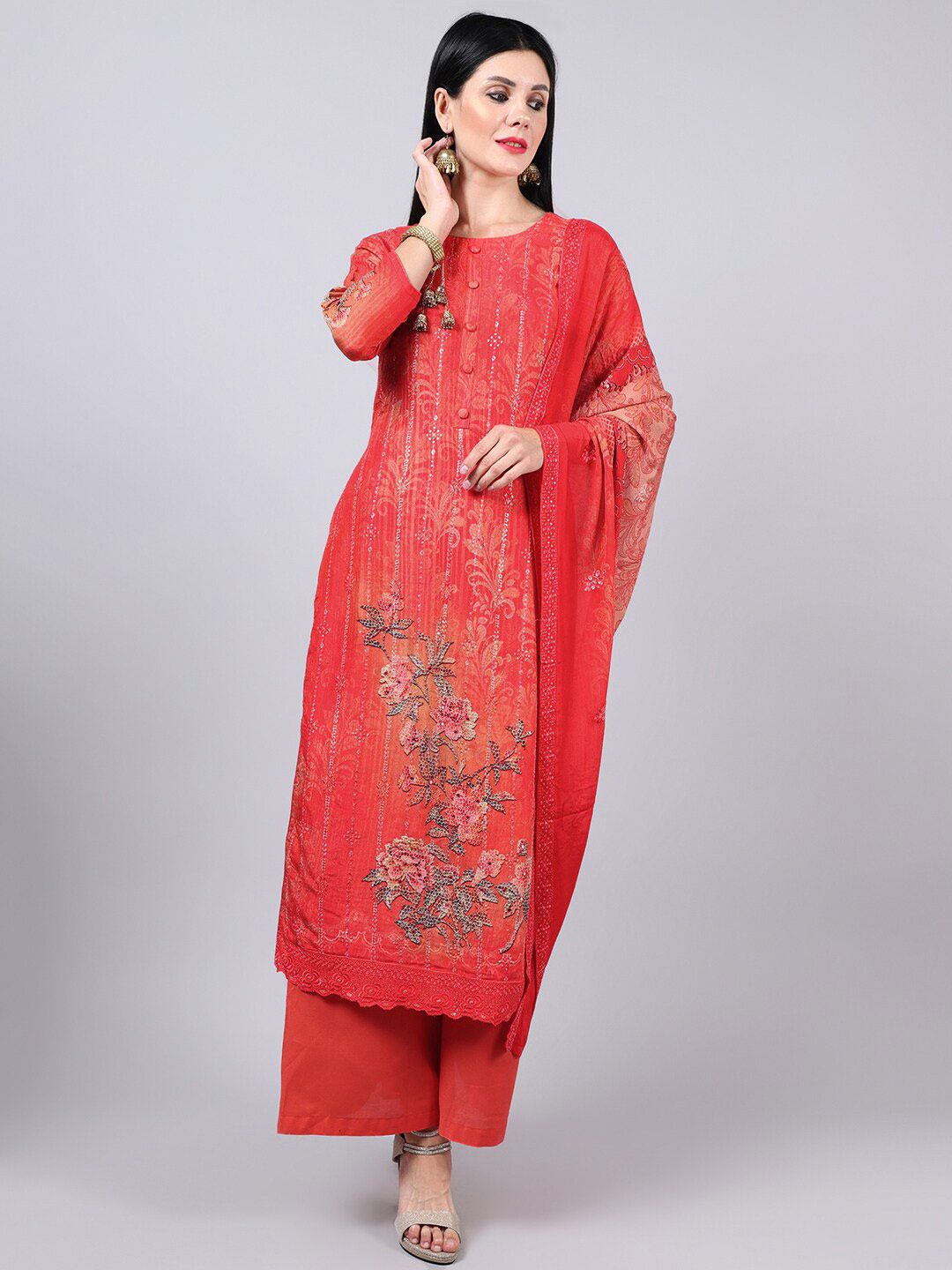 Stylee LIFESTYLE Red & Grey Embroidered Pure Silk Unstitched Dress Material Price in India