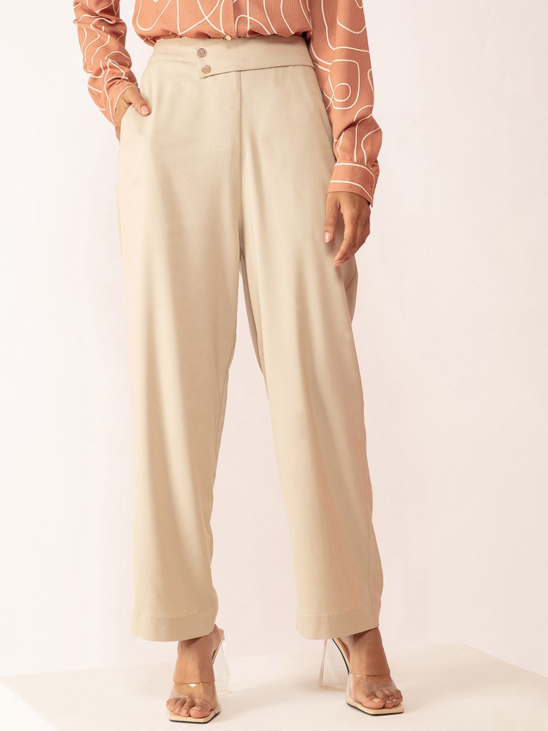 20Dresses Women Beige High-Rise Trousers Price in India