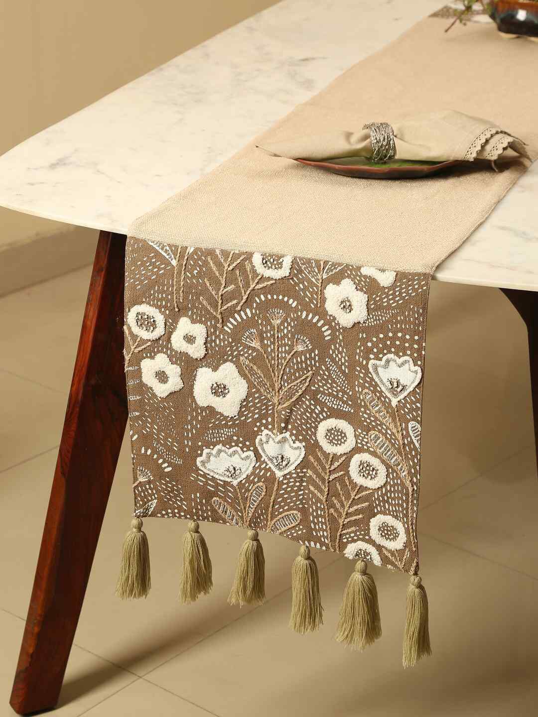 Amoliconcepts Taupe & White Hand Painted Embellished Table Runner Price in India