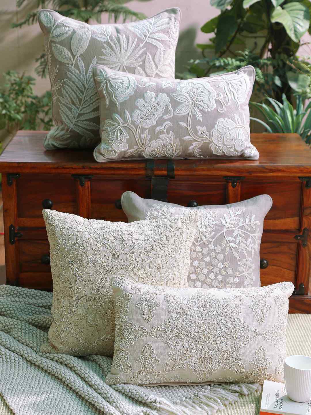 Amoliconcepts Grey & White Embroidered Square Cushion Covers Price in India