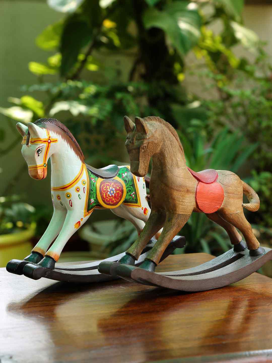 Amoliconcepts White & Multicolor Wooden Rocking Horse Table Showpiece Price in India