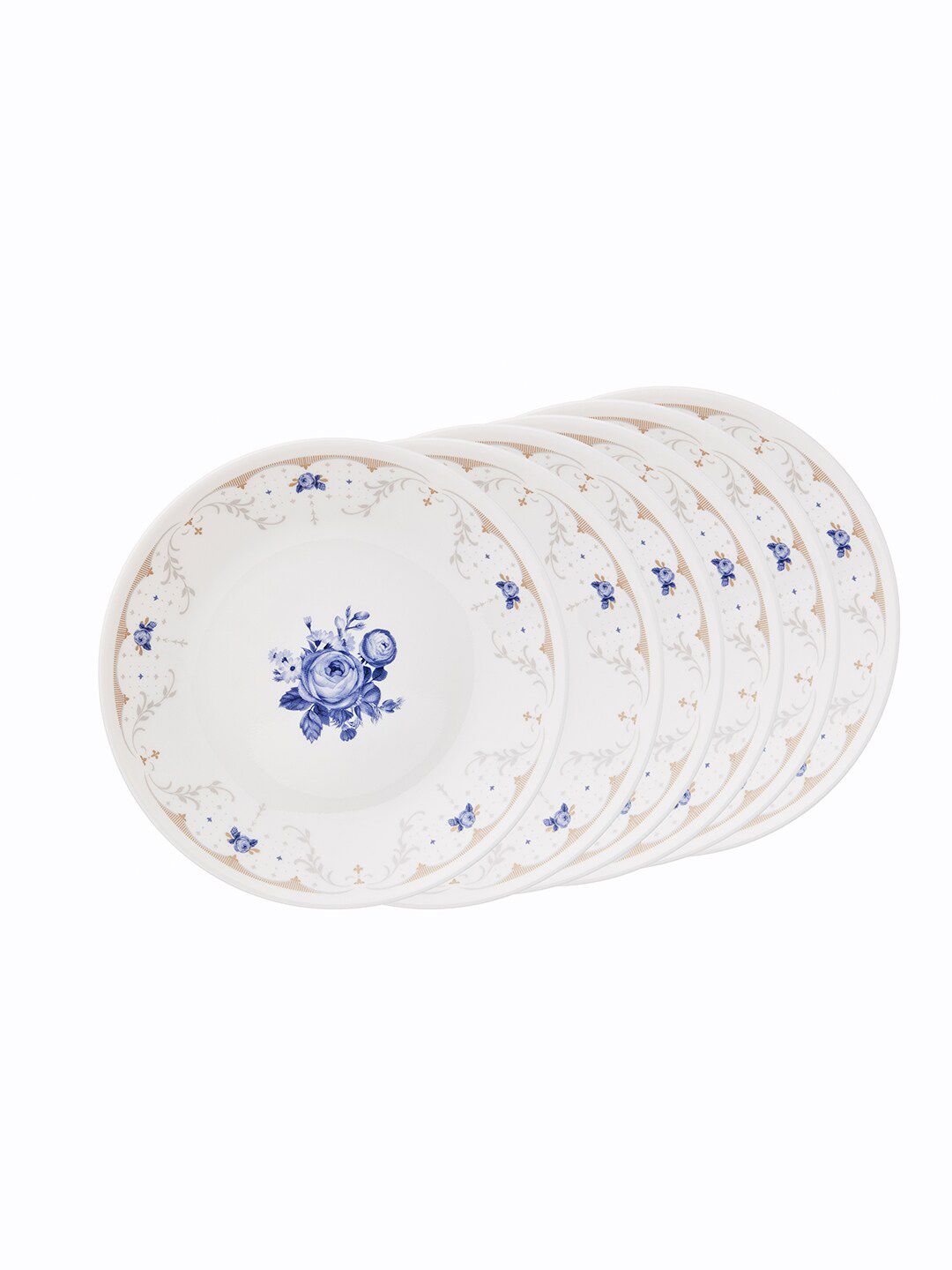 Corelle White & Blue Set Of 6 Floral Printed Glossy Plates Price in India