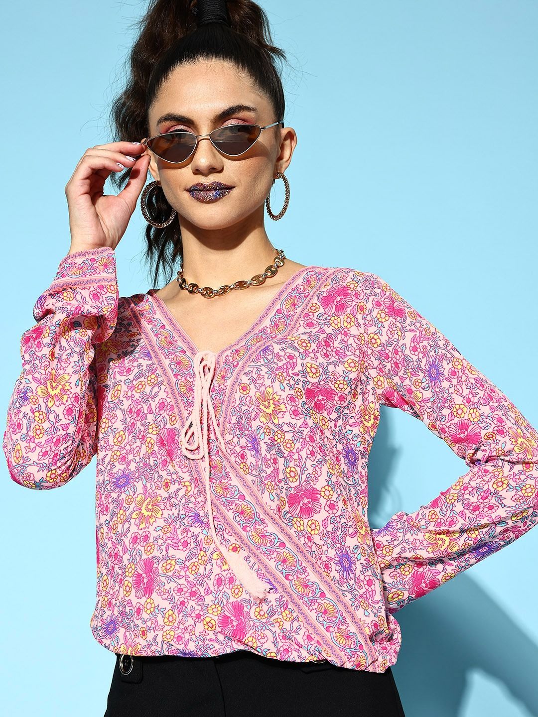 Berrylush Pretty Pink Floral Fluid Tie-Up Top Price in India