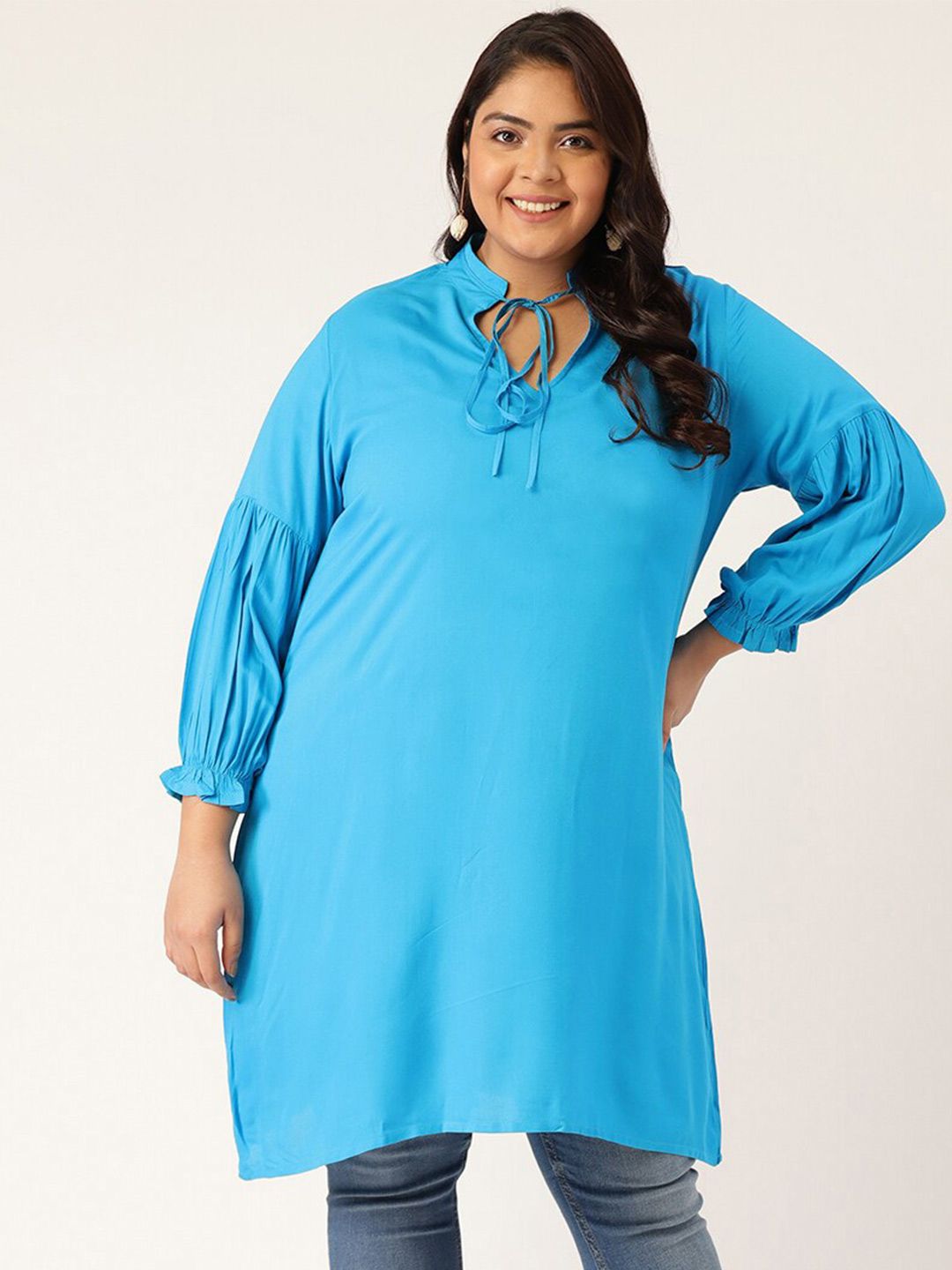 theRebelinme Plus Size Teal Viscose Rayon Mandarin Collar Tunic Price in India