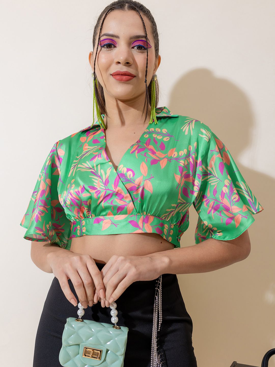 Stylecast X Hersheinbox Tropical Printed Satin Finish Flared Sleeves Wrap Crop Top Price in India