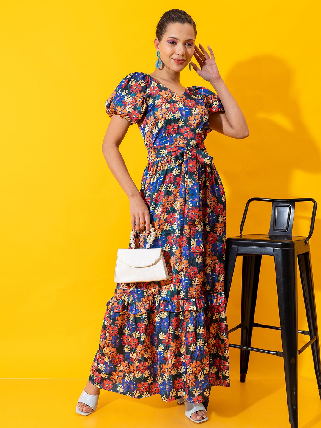 Stylecast X Hersheinbox V-Neck Floral Tiered Belted Maxi Dress With Puff Sleeves Price in India