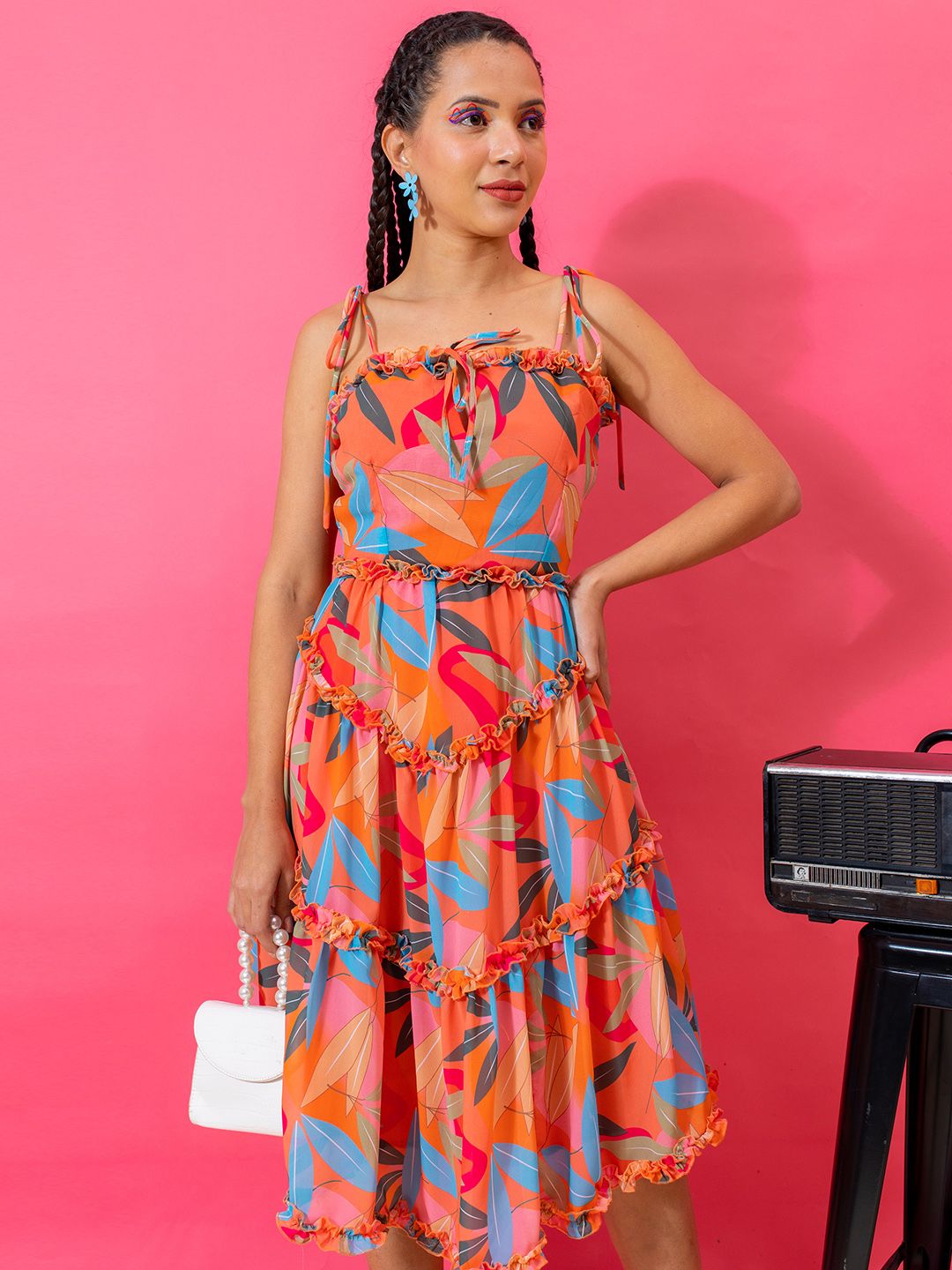 Stylecast X Hersheinbox Tropical Print Tiered A-Line Dress Price in India