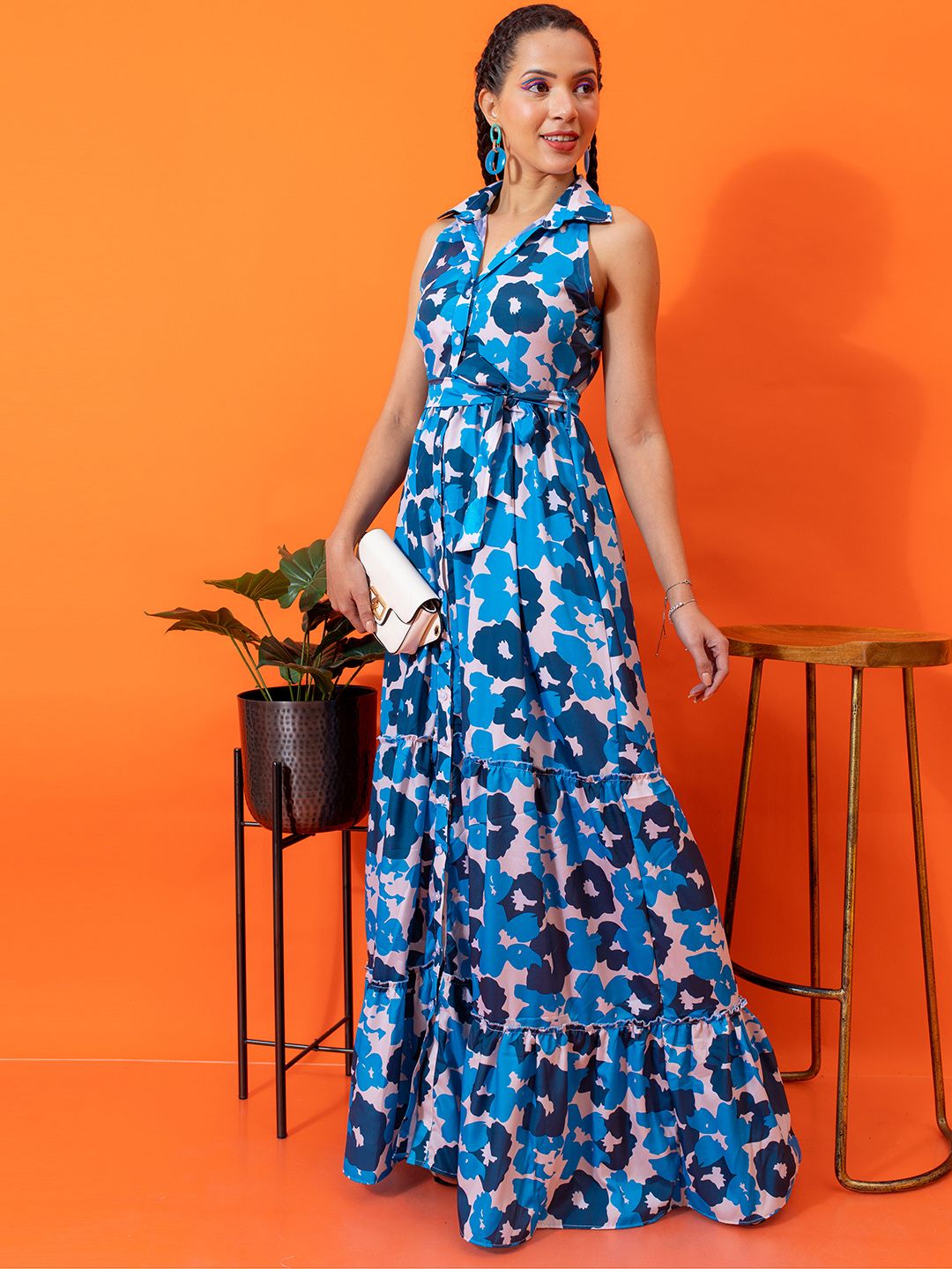 Stylecast X Hersheinbox Shirt Collar Floral Printed Tiered Belted Maxi Dress Price in India