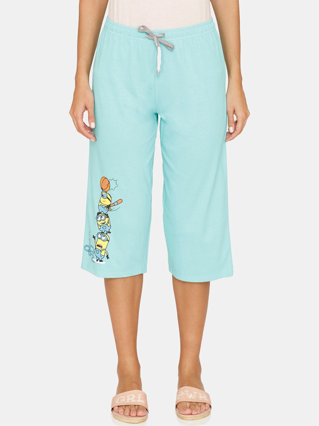 Rosaline by Zivame Women Sea Green Minion Cotton Lounge Capris Price in India