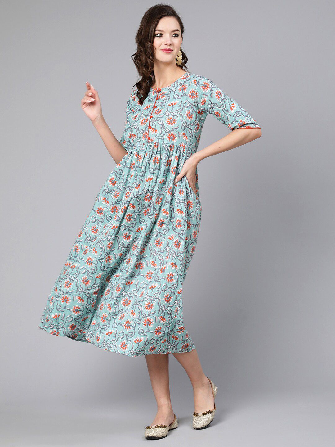 Nayo Green Floral Ethnic Printed Flared  A-Line Midi Dress Price in India