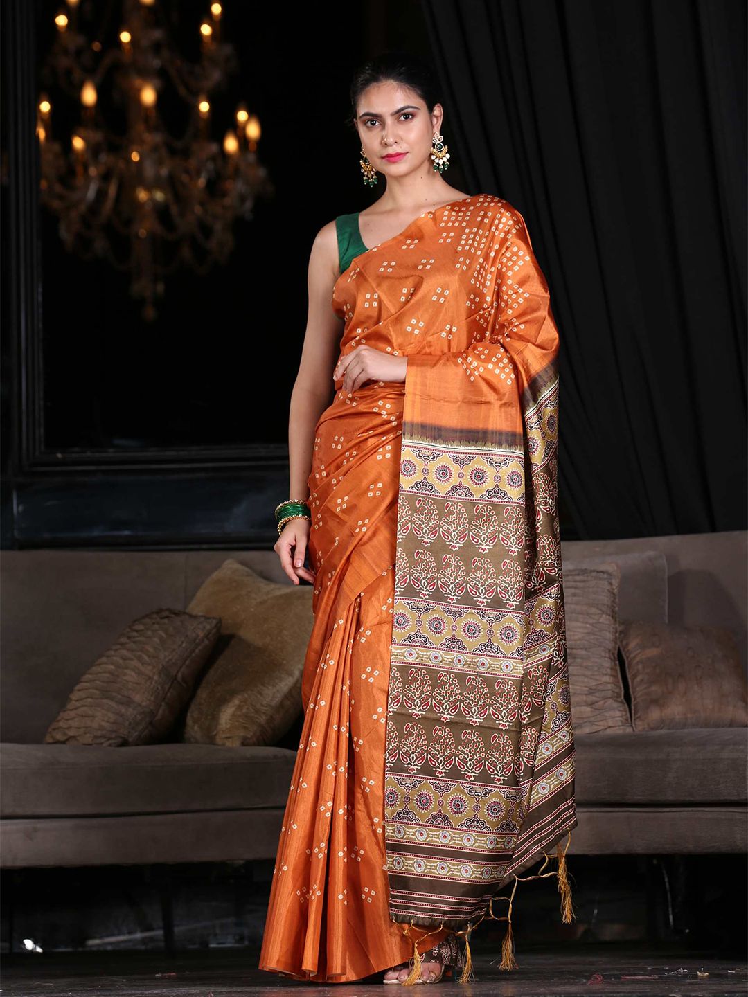 KARAGIRI Orange & Purple Bandhani Silk Blend Saree Price in India