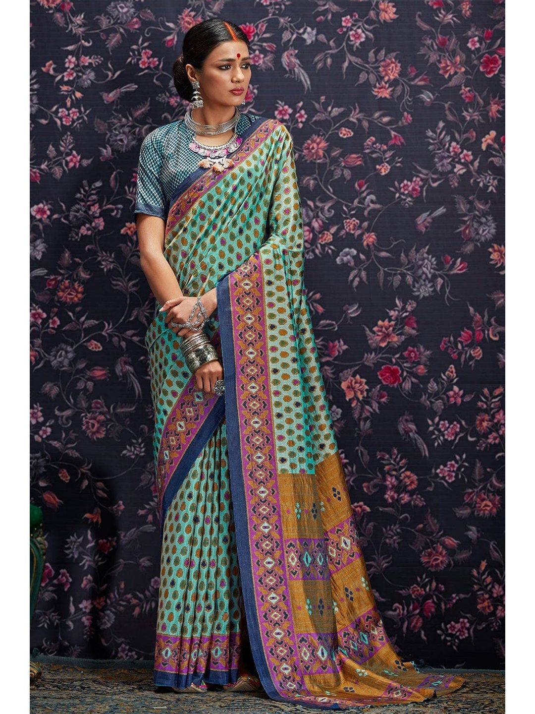 KARAGIRI Blue & Pink Floral Silk Blend Patola Saree Price in India
