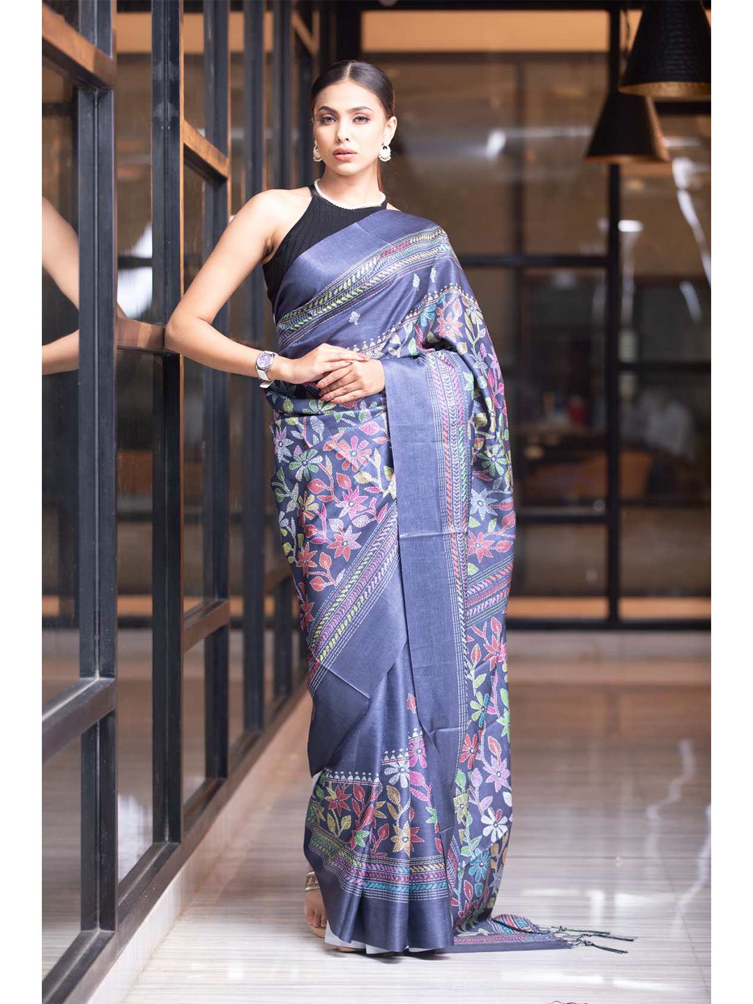 KARAGIRI Blue & Pink Floral Silk Blend Saree Price in India