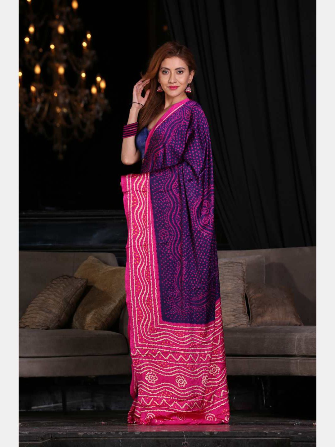 KARAGIRI Blue & Pink Bandhani Silk Blend Saree Price in India