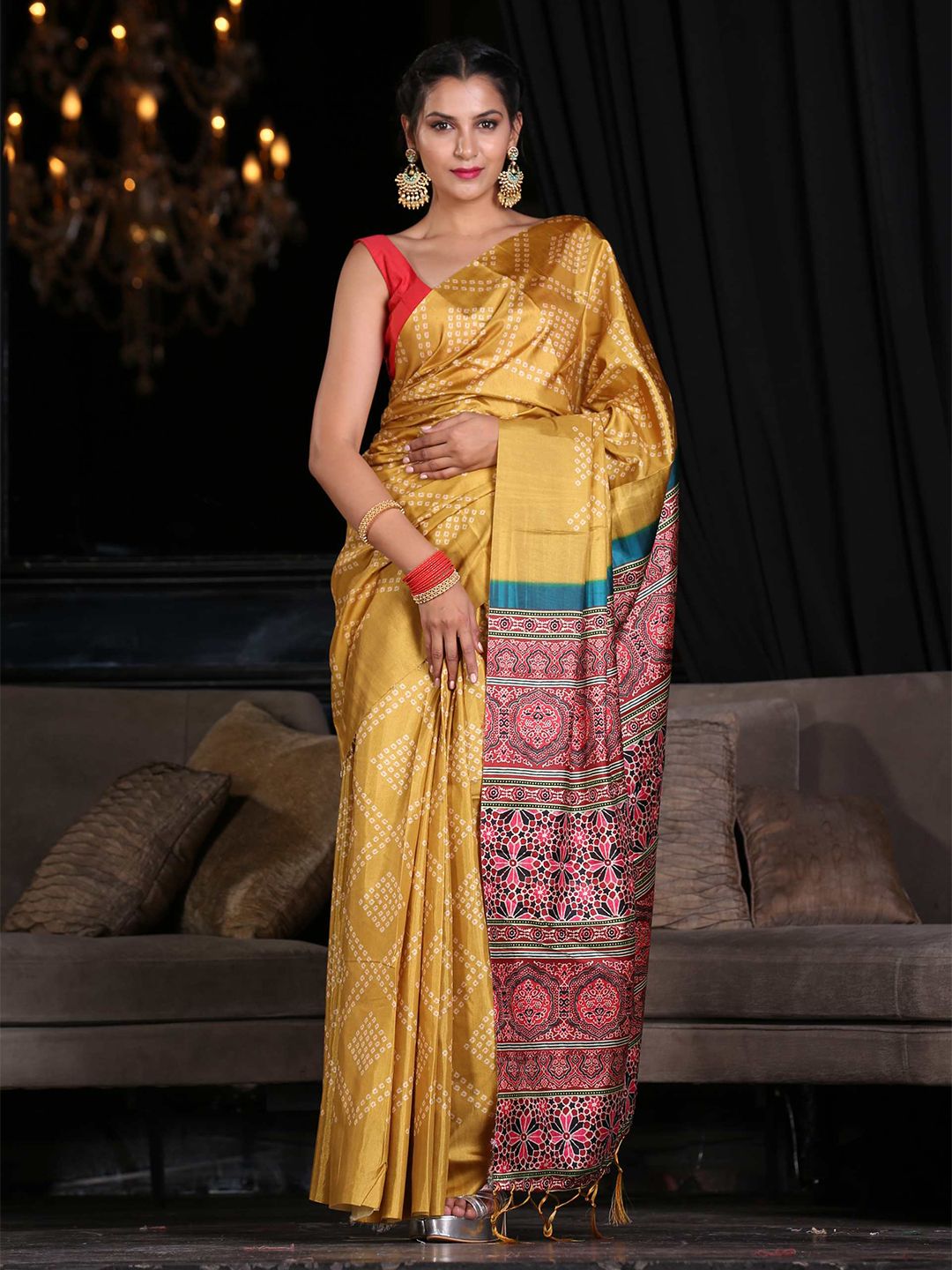 KARAGIRI Yellow & Red Bandhani Silk Blend Saree Price in India