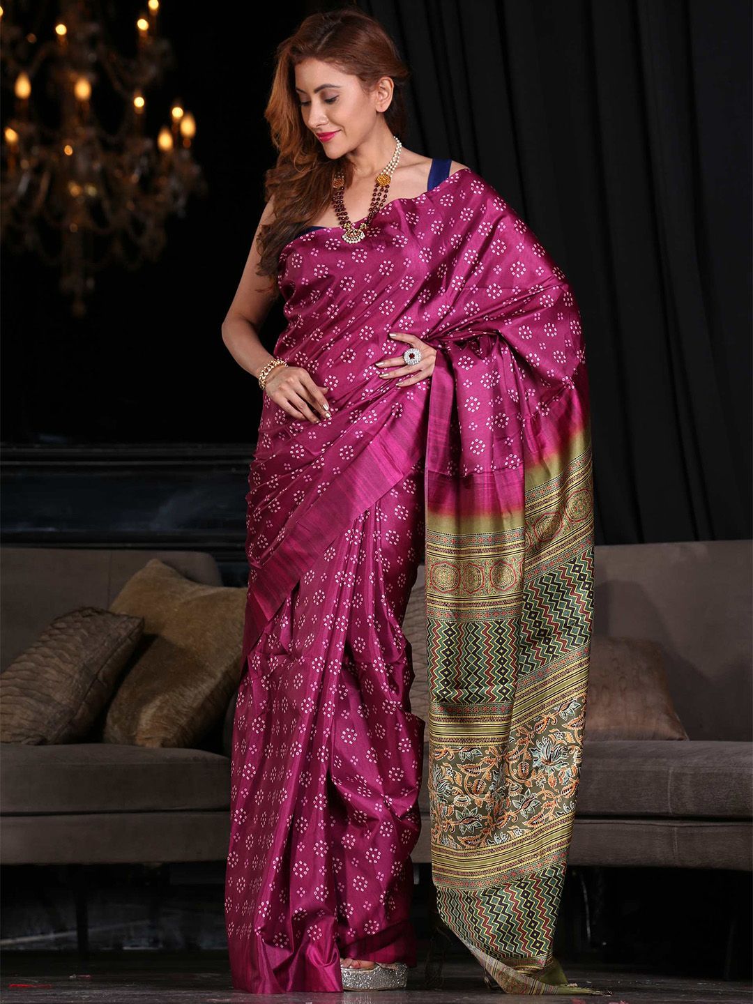 KARAGIRI Purple & Green Silk Blend Saree Price in India
