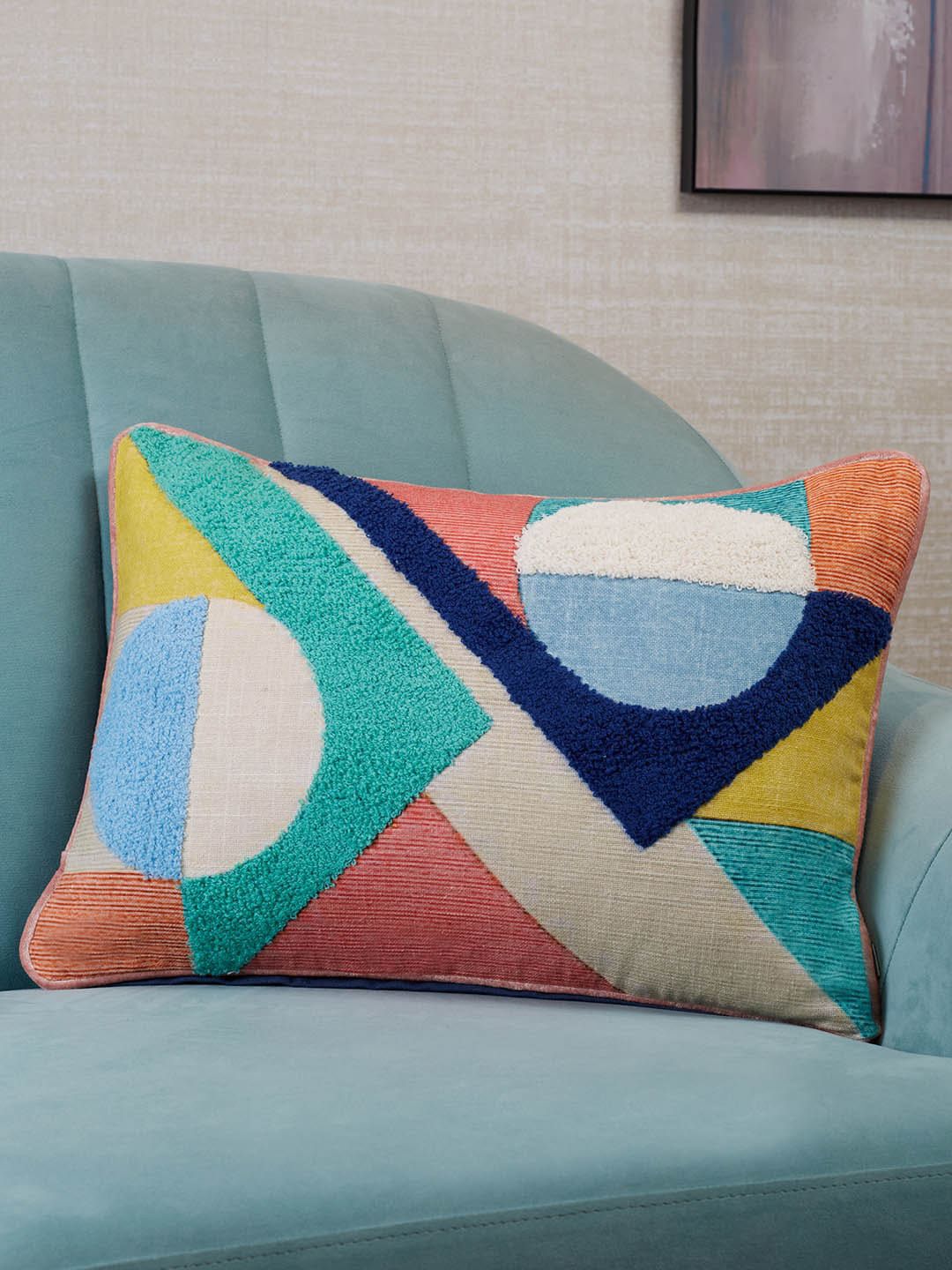 HomeTown Blue & Red Geometric Rectangle Cushion Covers Price in India