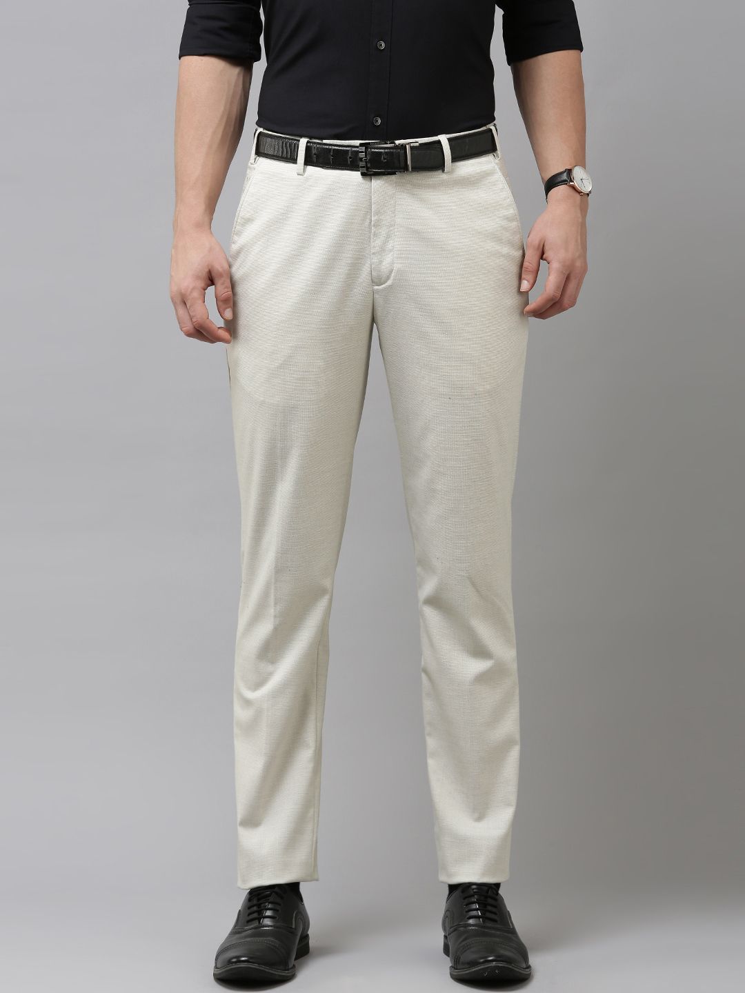 Park Avenue Men Beige Self-Design Formal Trousers