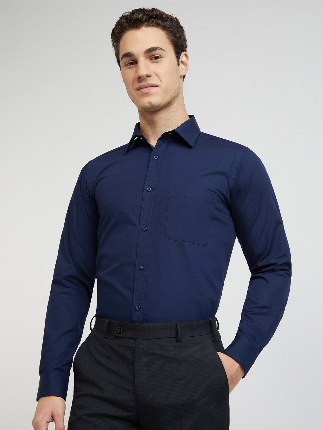 Raymond Men Navy Blue Solid Slim Fit Pure Cotton Formal Shirt