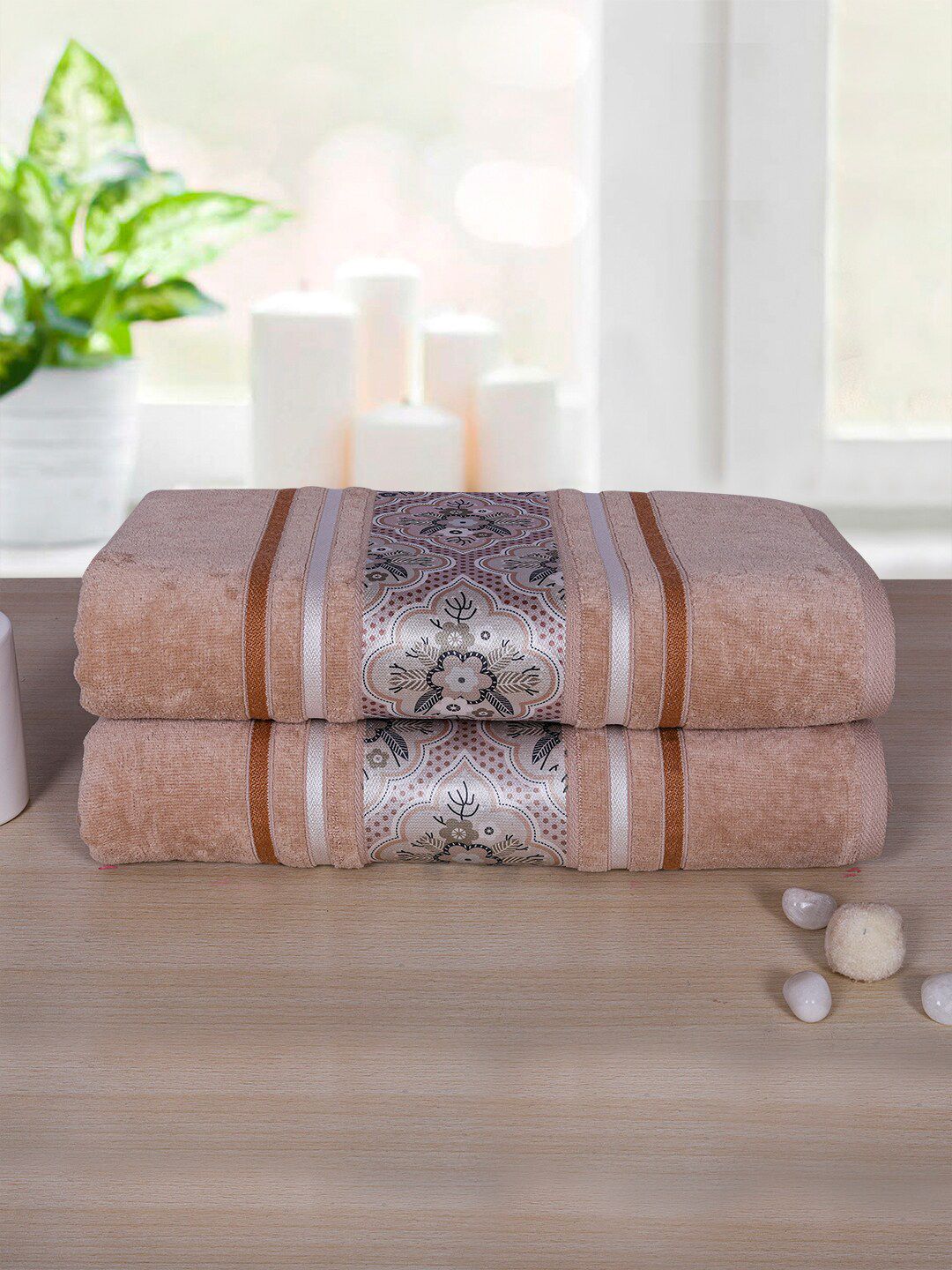 RANGOLI Pack Of 2 Beige Solid 450 GSM Cotton Bath Towel Price in India