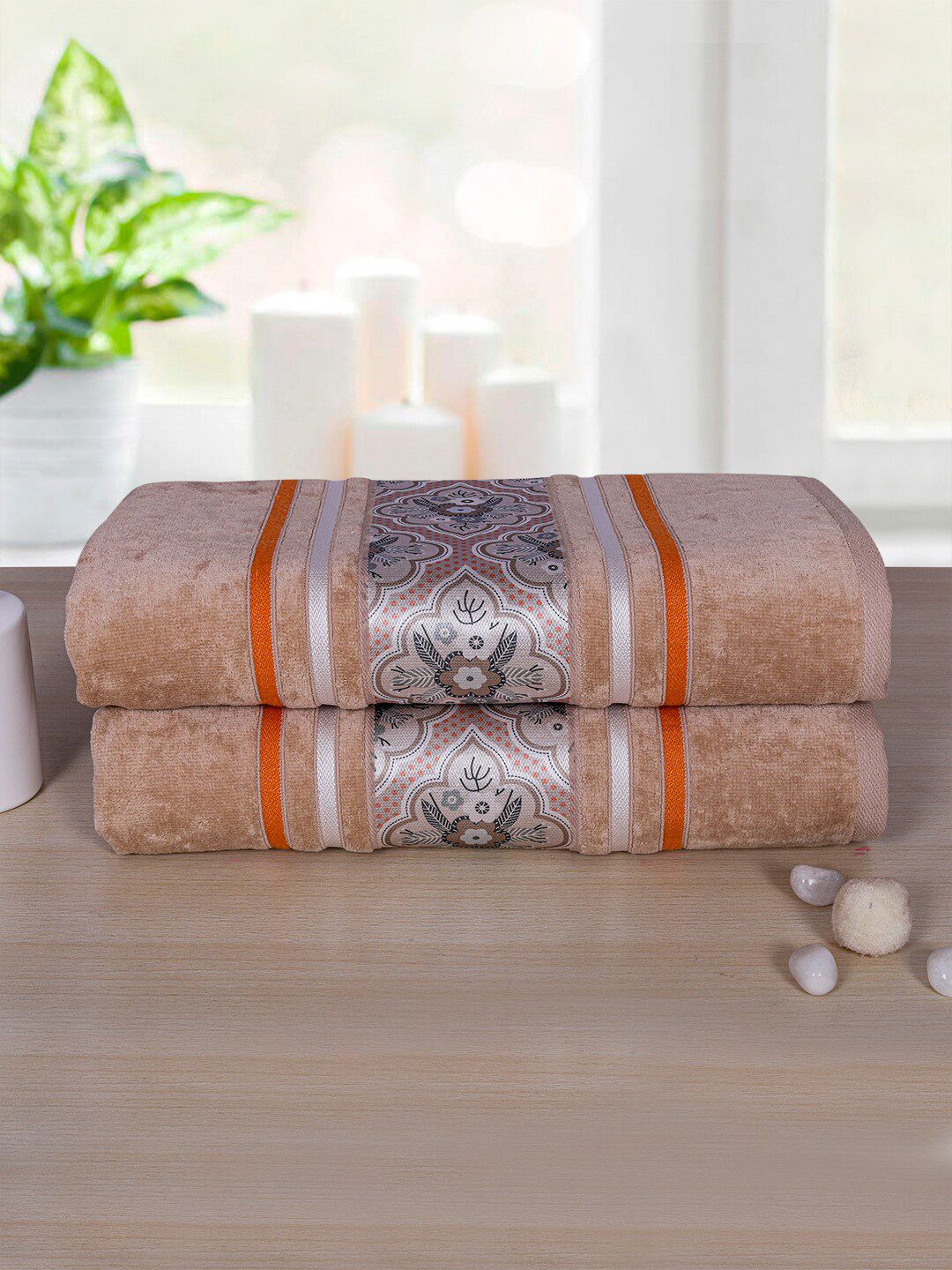 RANGOLI Set Of 2 Beige Self-Designed Cotton 450 GSM Towel Set Price in India