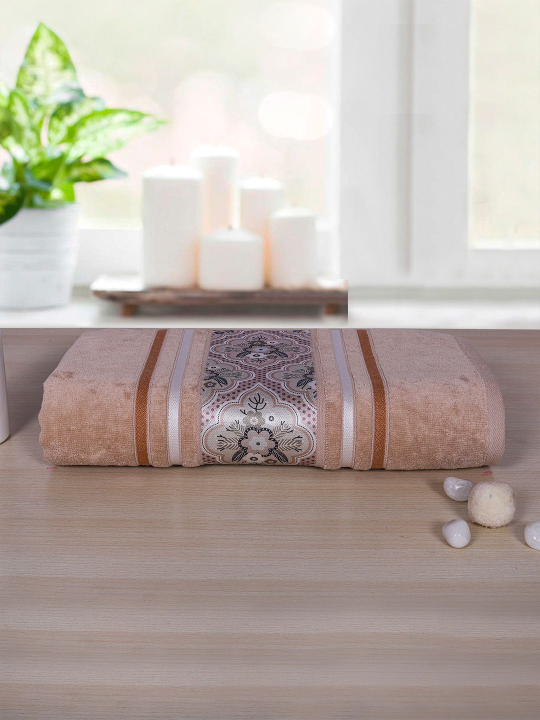 RANGOLI Beige Solid 450 GSM Pure Cotton Bath Towel Price in India