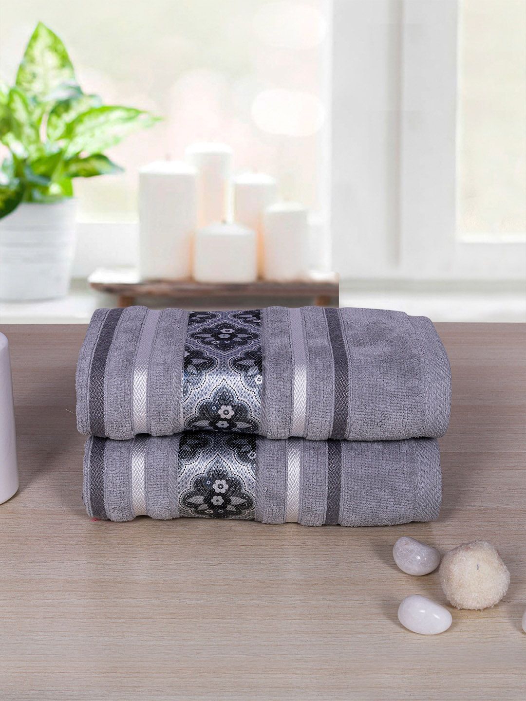 RANGOLI Pack Of 2 Grey Solid 450 GSM Cotton Hand Towel Price in India