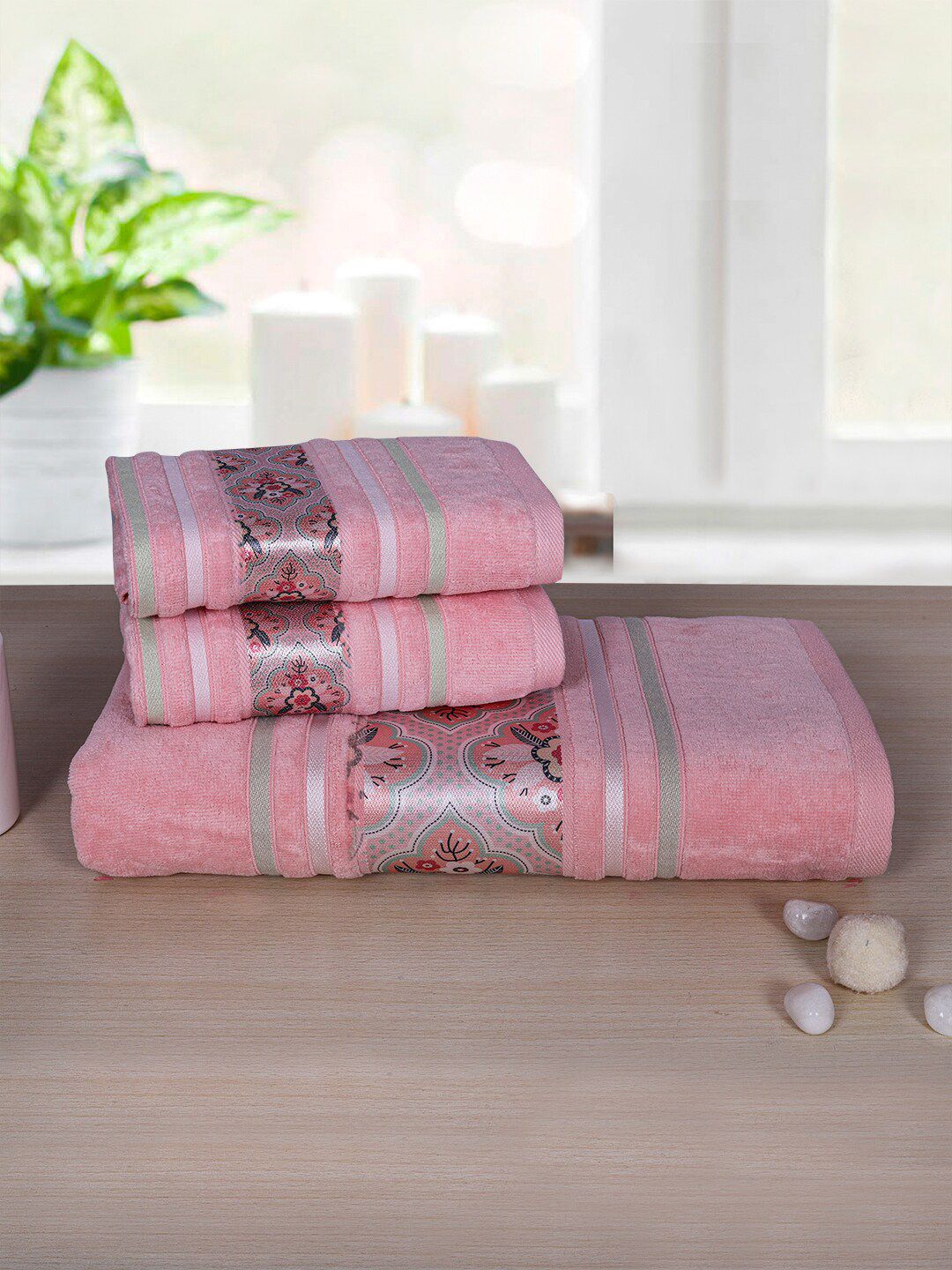 RANGOLI Pack Of 3 Peach Solid 450 GSM Pure Cotton Towel Set Price in India