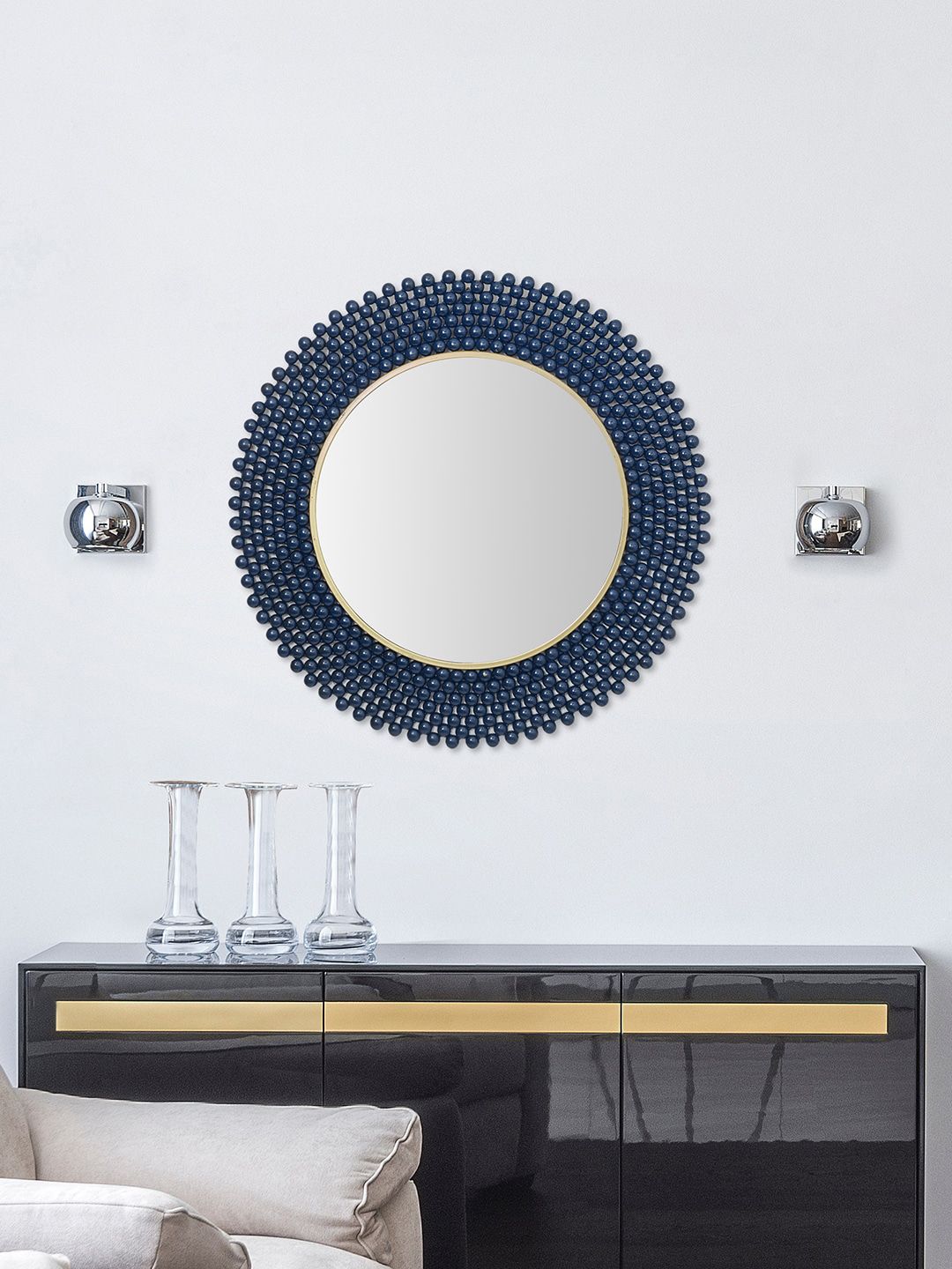 HomeTown Navy Blue Ball Patterned Metal Wall Mirror Price in India