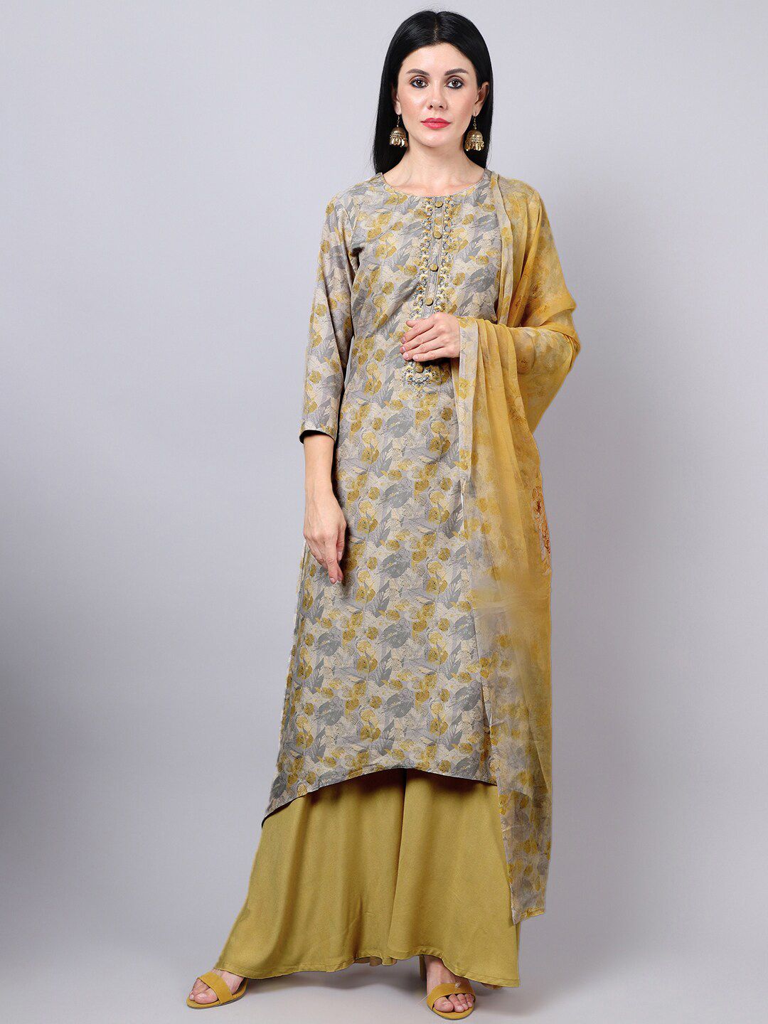 Stylee LIFESTYLE Yellow & Grey Printed Pure Silk Unstitched Dress Material Price in India