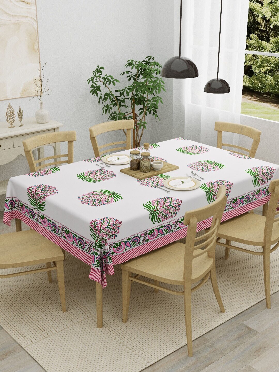 Salona Bichona Pink & Off-White Floral Printed Pure Cotton Table Cover Price in India