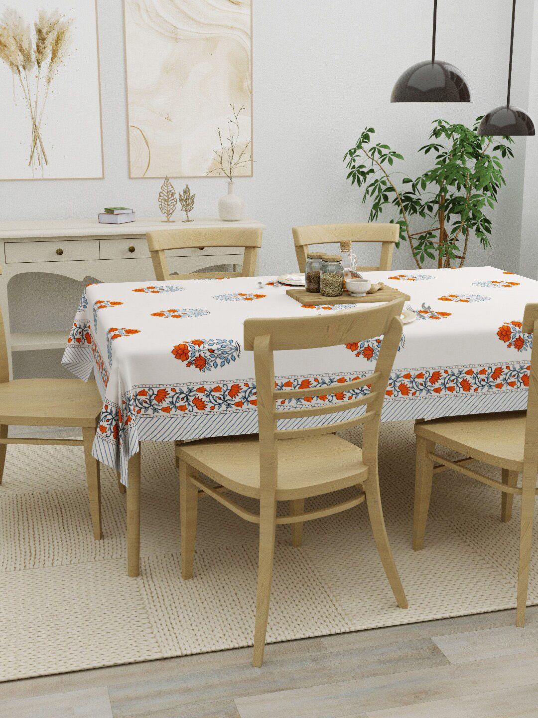 Salona Bichona Orange & Off-White Floral Printed Pure Cotton Table Cover Price in India