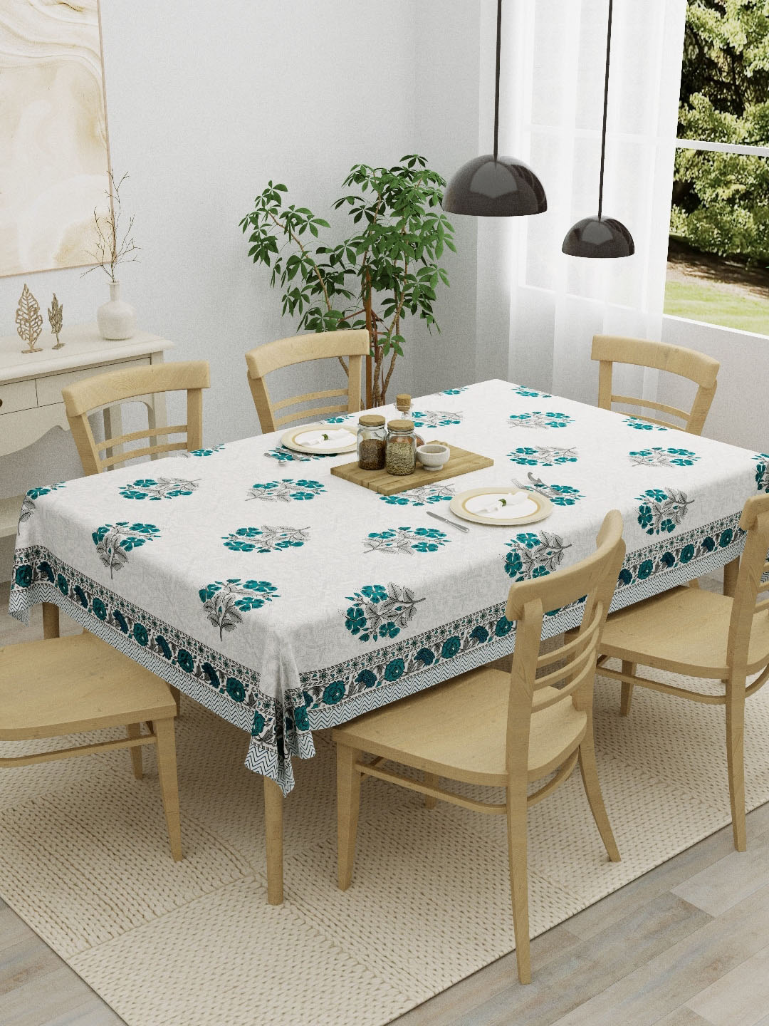 Salona Bichona Teal & Off-White Floral Printed Pure Cotton Table Cover Price in India