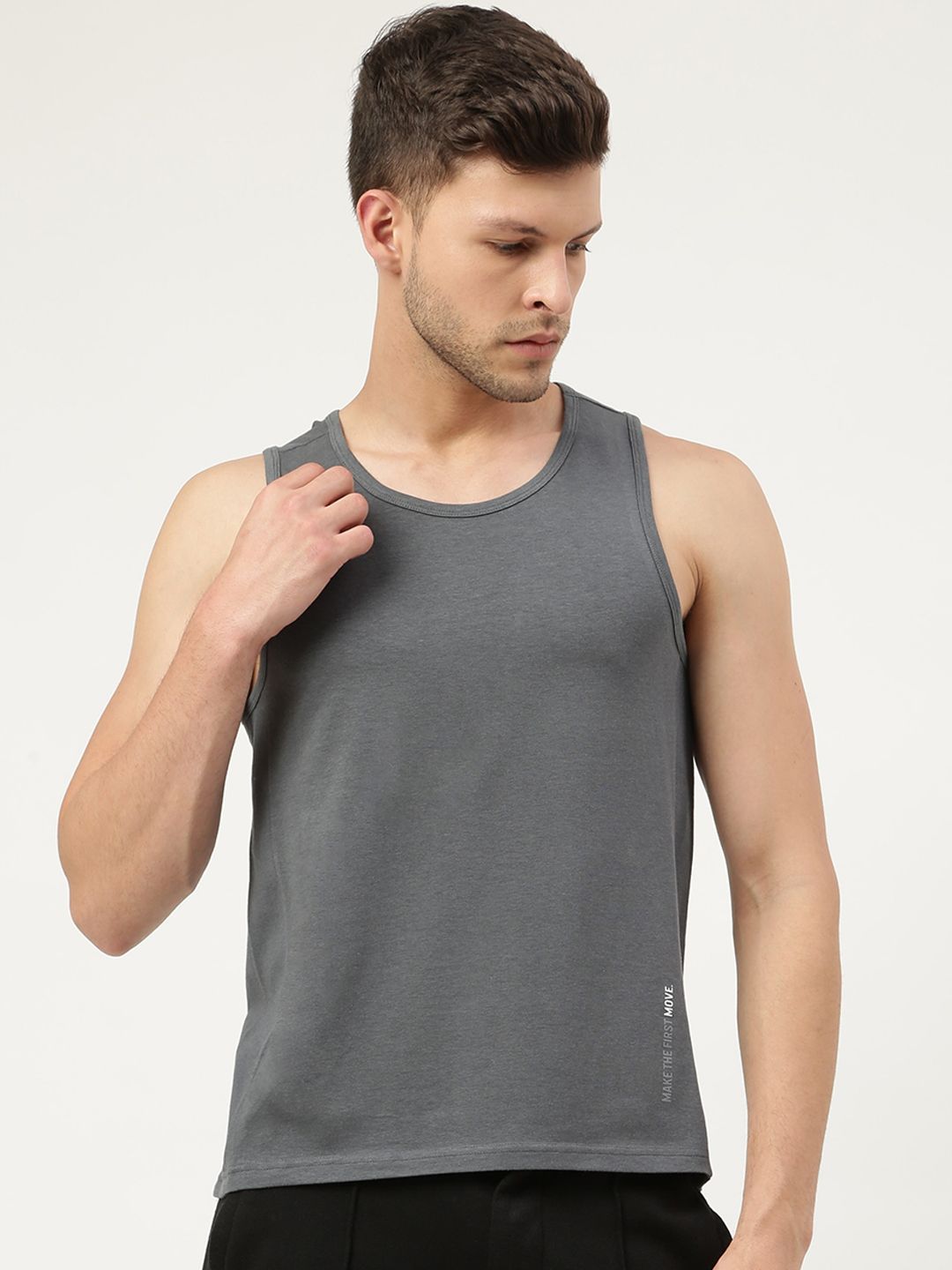 FREECULTR Men Charcoal Grey Solid Bamboo Cotton Innerwear Gym Vests