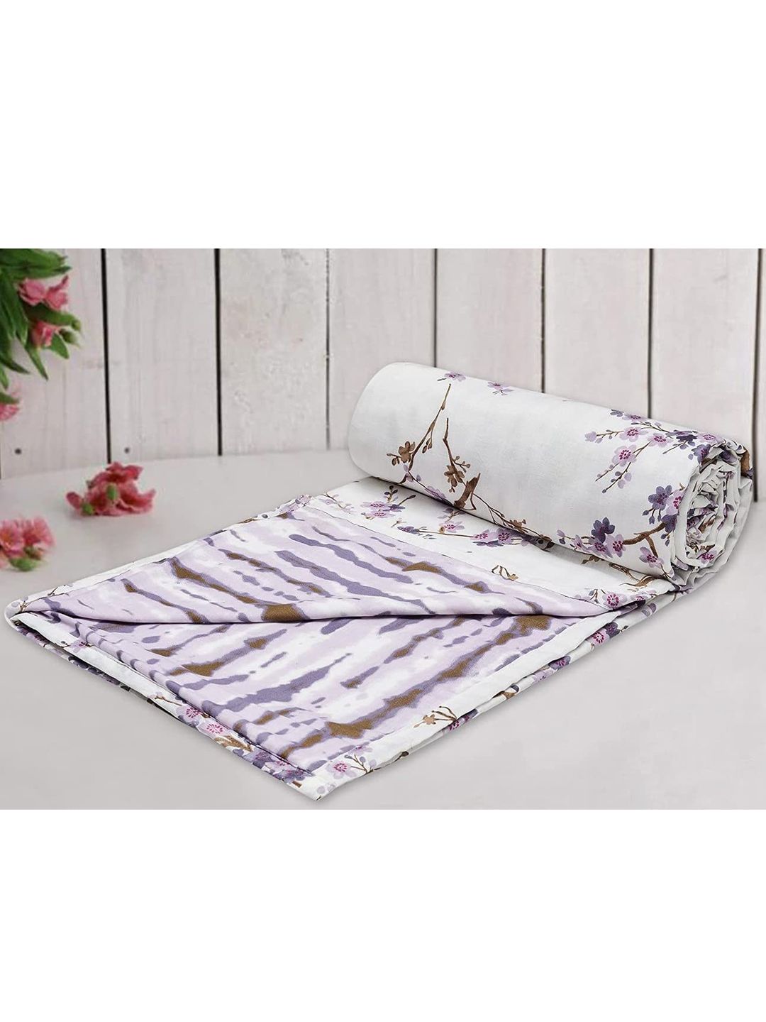 Trance Home Linen White & Purple Floral AC Room 210 GSM Single Bed Dohar Price in India