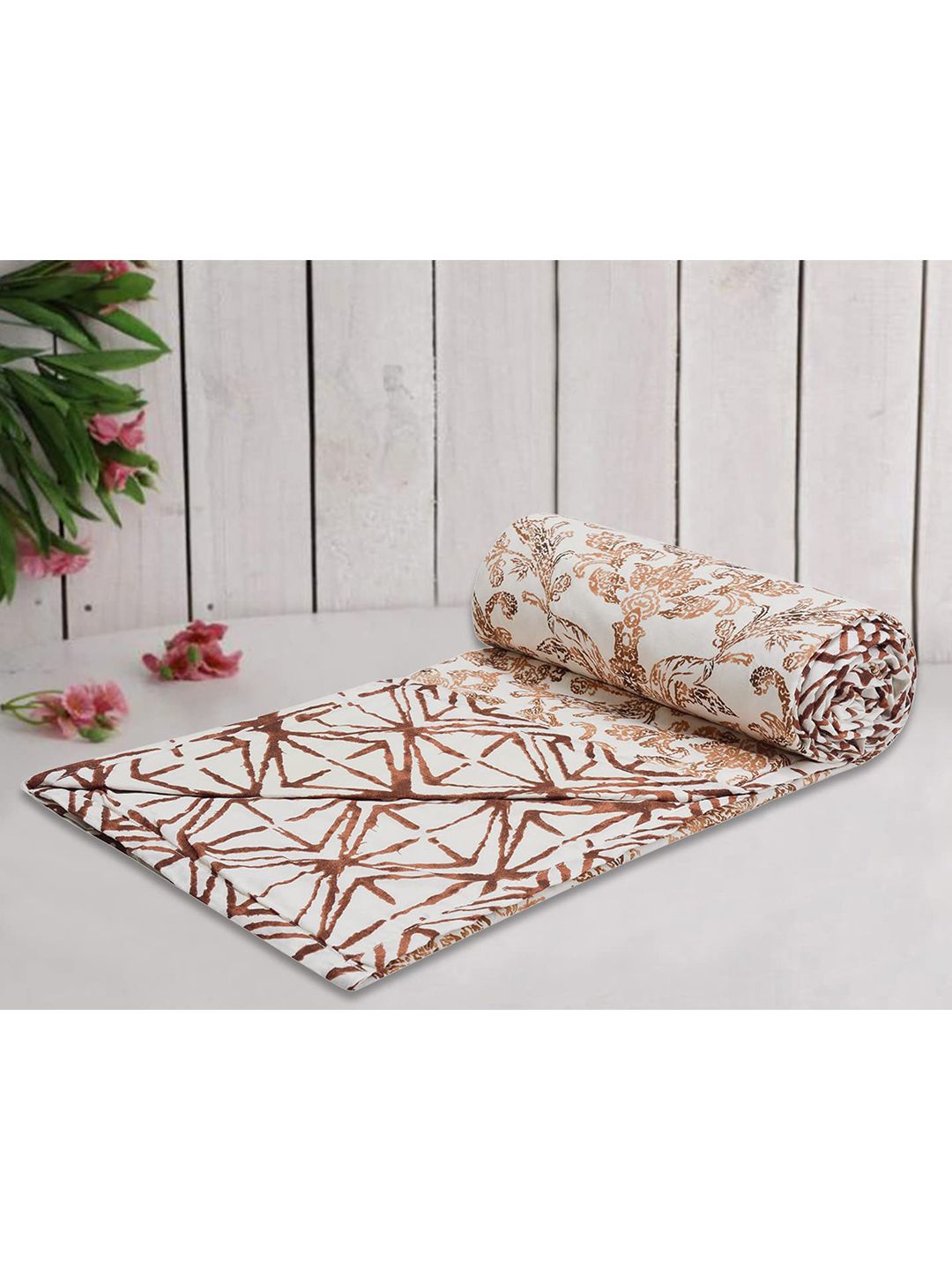 Trance Home Linen White and Brown printed Single bed size Dohars Price in India