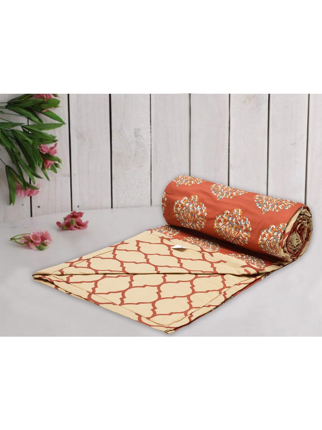 Trance Home Linen Orange & Brown Floral AC Room 210 GSM Pure Cotton Single Bed Dohar Price in India