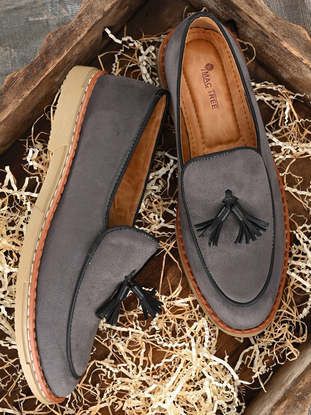 Mactree Men Grey Solid Leather Slip-Ons