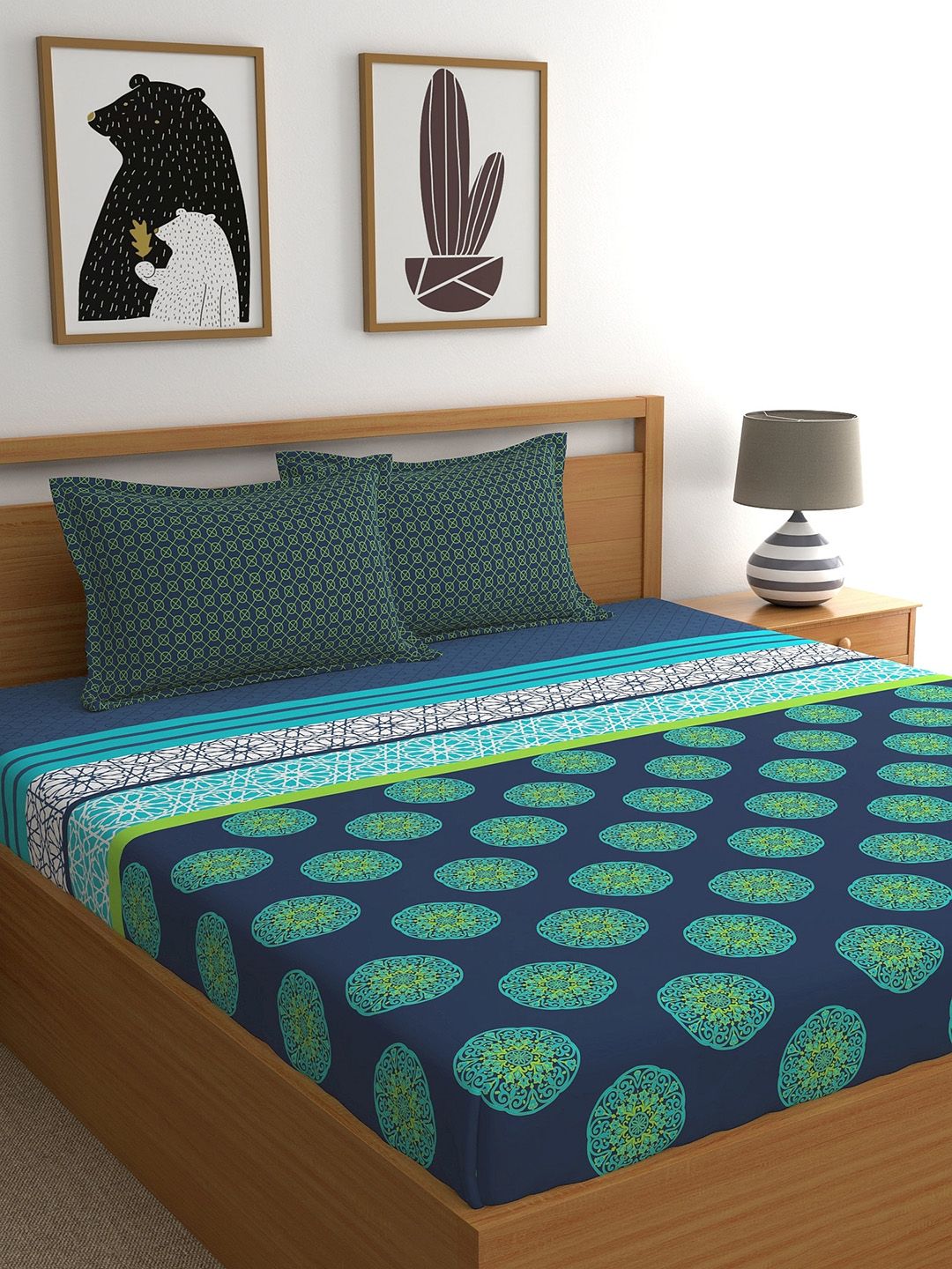 Dreamscape Teal & Green Ethnic Motifs 140 TC King Bedsheet with 2 Pillow Covers Price in India