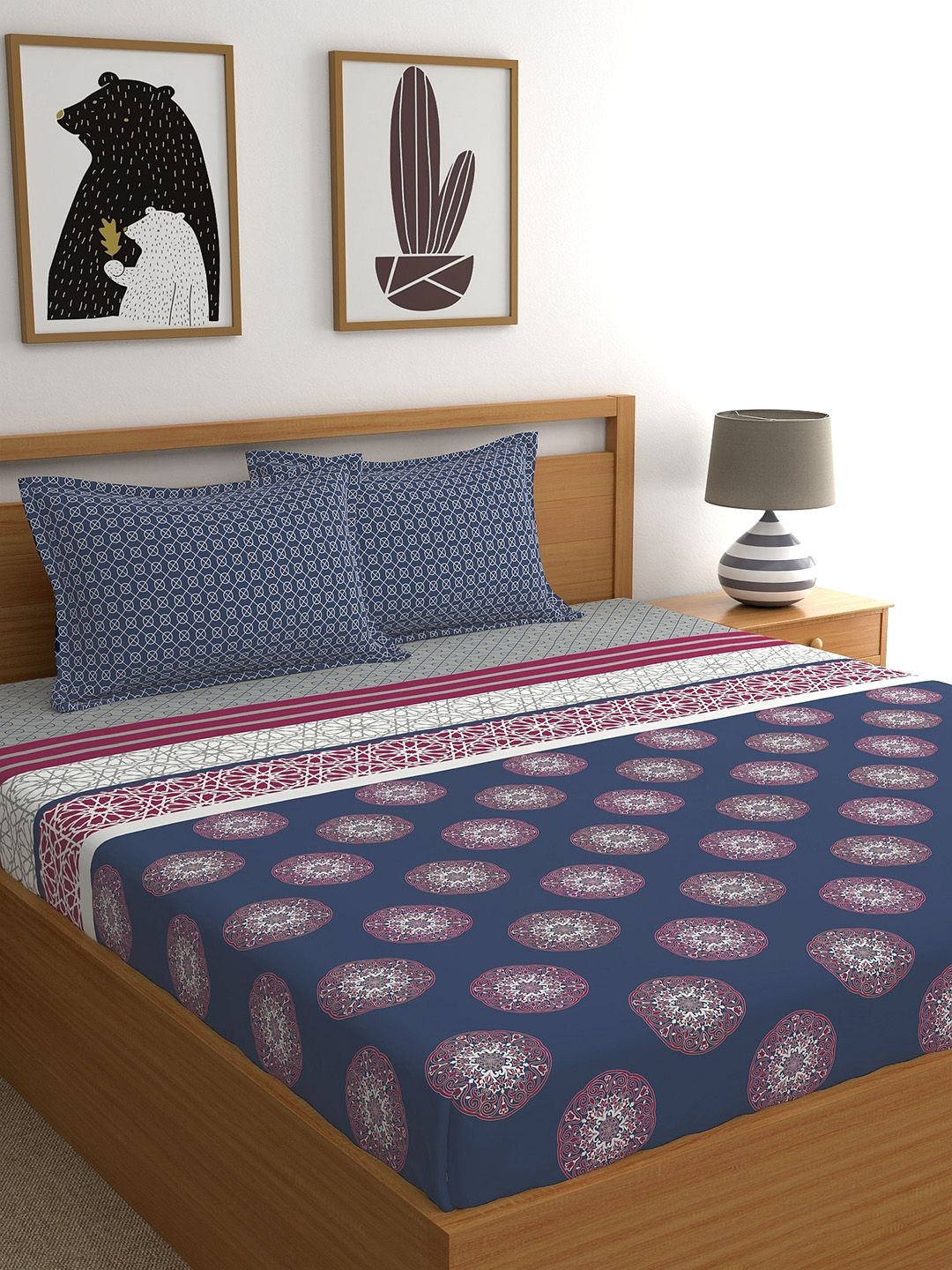 Dreamscape 140tc 100% Cotton Ethnic Blue King Fitted Bedsheet with 2 Pillow Cover Price in India