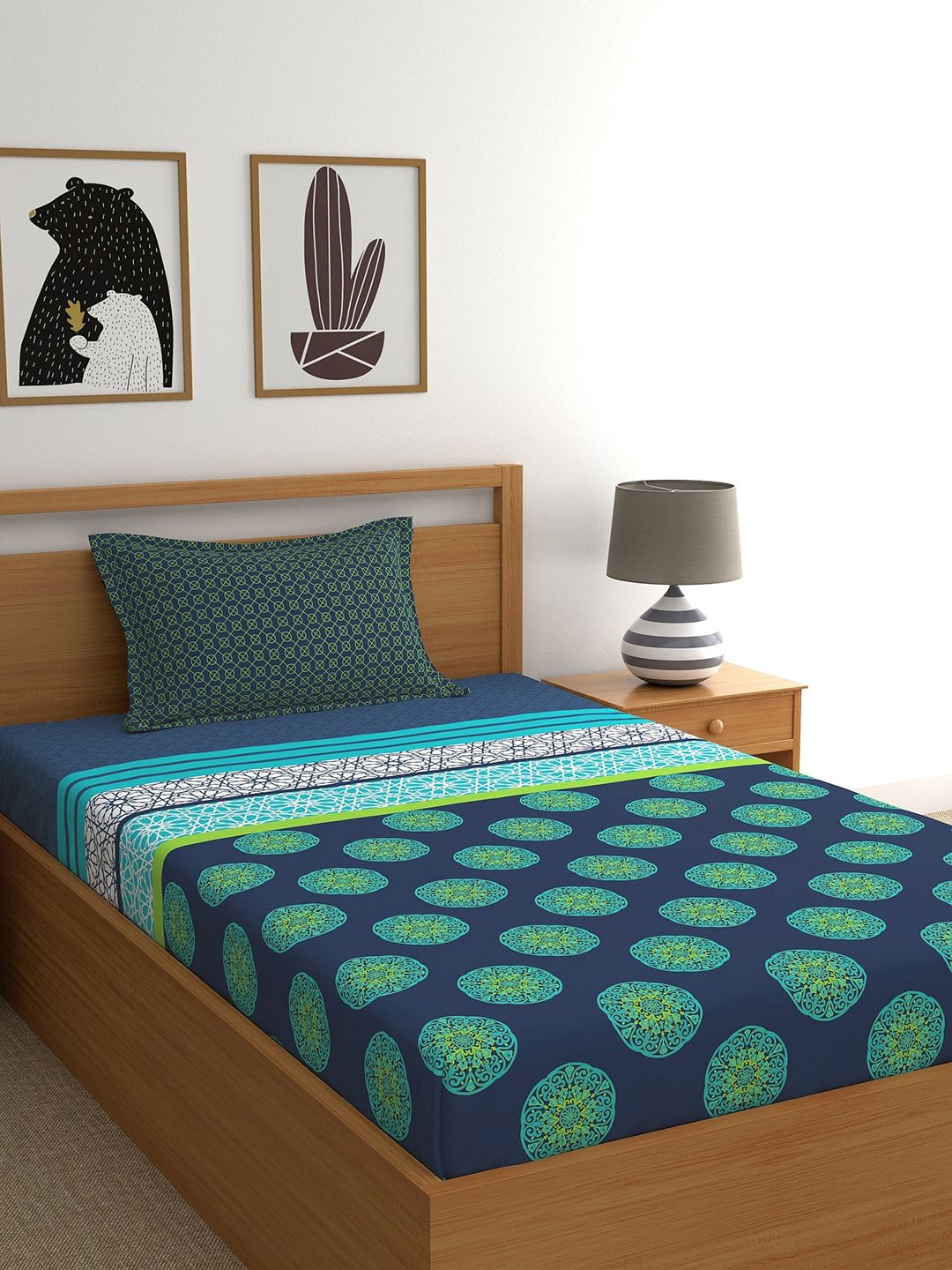Dreamscape Teal & Green Ethnic Motifs 140 TC Single Bedsheet with 1 Pillow Covers Price in India
