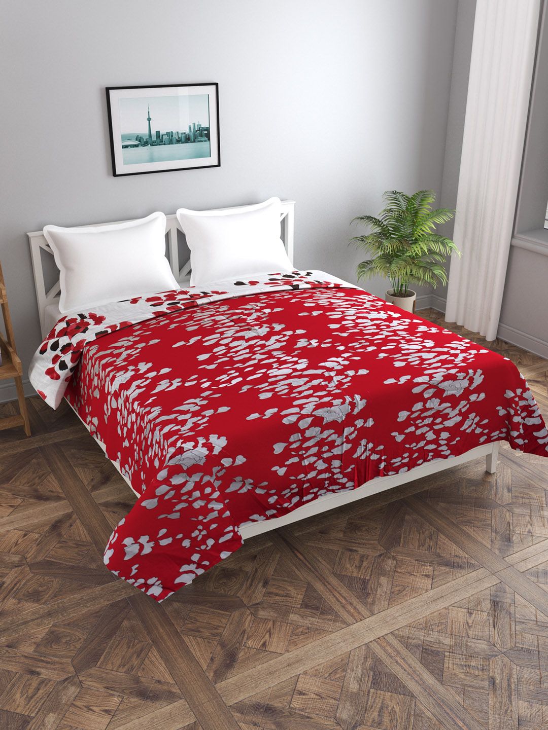 Trance home Linen Red White Leaves 210 GSM Pure Cotton Reversible Double Bed Size Dohar