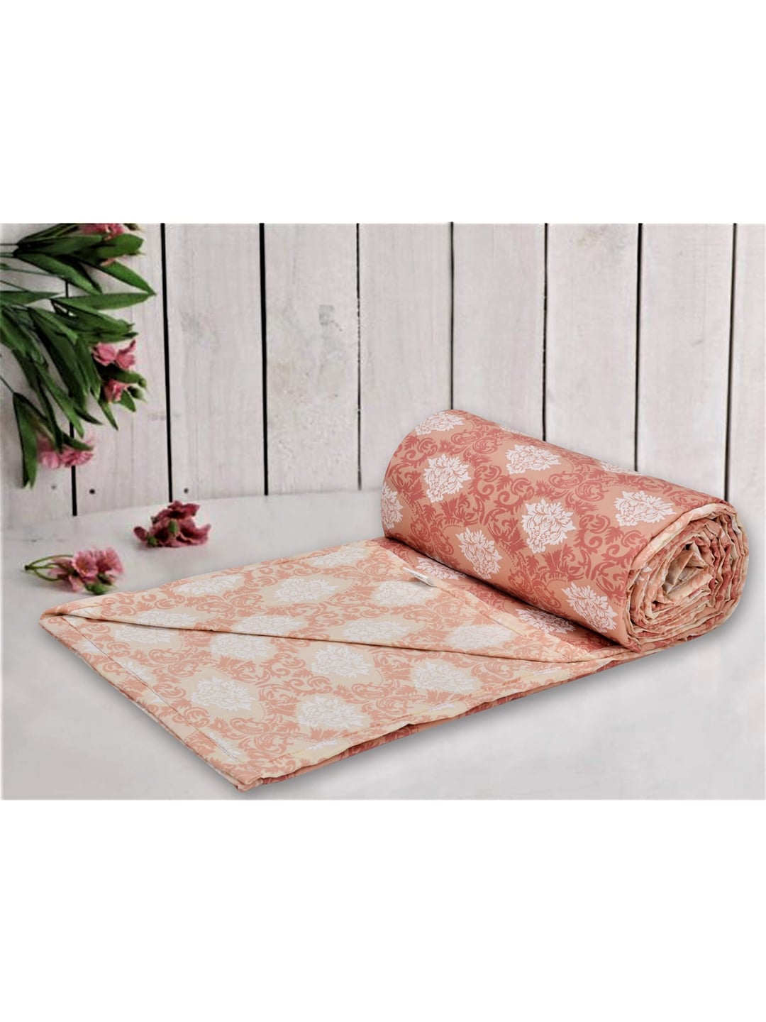 Trance Home Linen Peach-Coloured & White Ethnic Motifs AC Room 210 GSM Double Bed Dohar Price in India