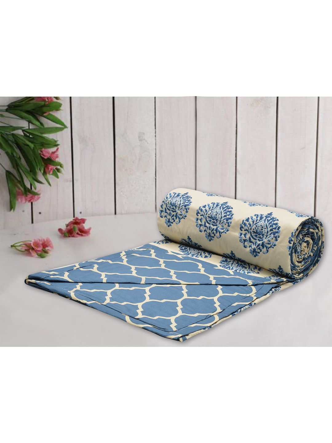 Trance Home Linen Beige & Blue Ethnic Motifs AC Room 210 GSM Double Bed Dohar Price in India