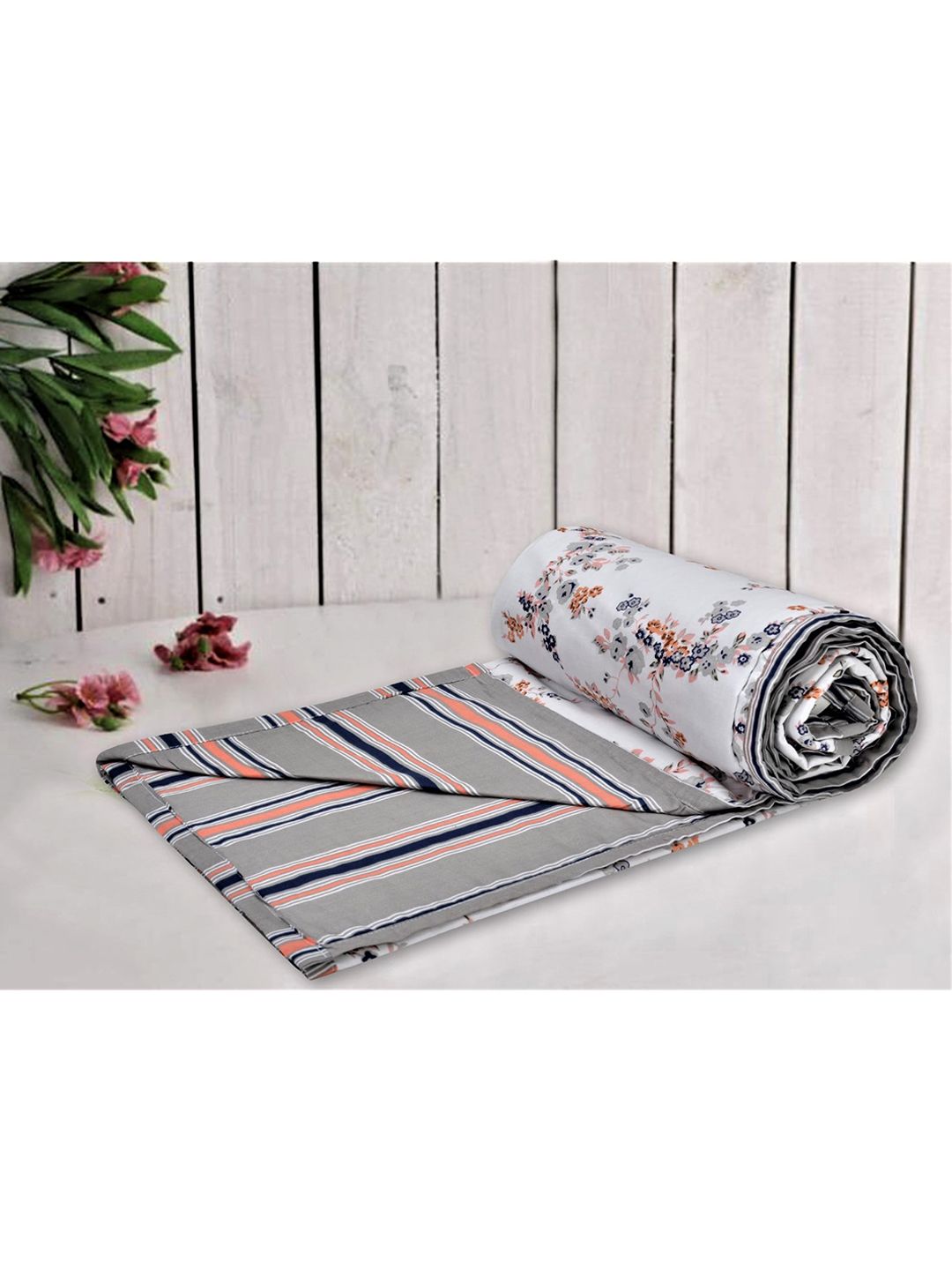 Trance Home Linen White & Grey Floral AC Room 210 GSM Double Bed Dohar Price in India
