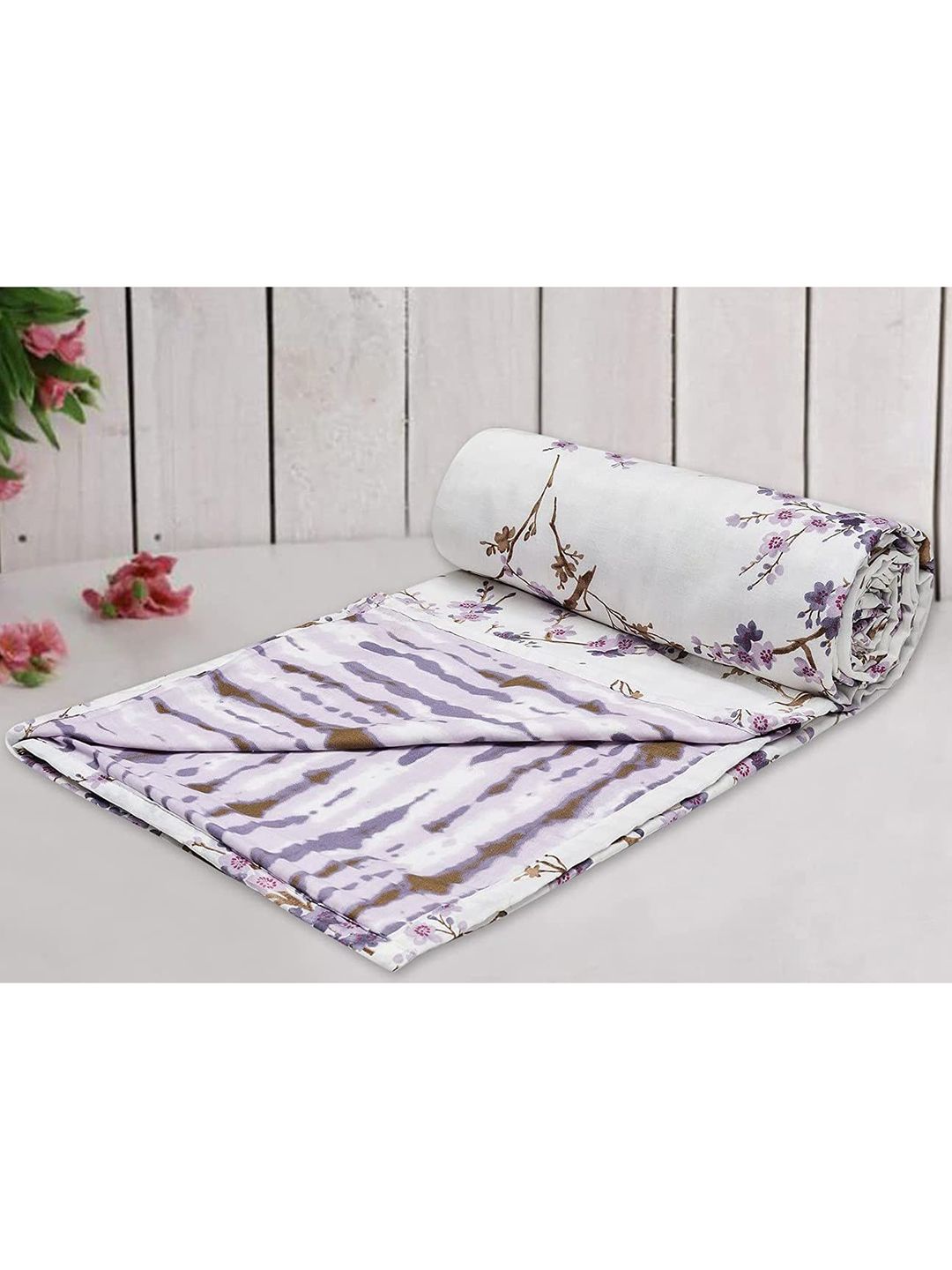 Trance Home Linen White & Lavender Floral AC Room 210 GSM Double Bed Dohar Price in India