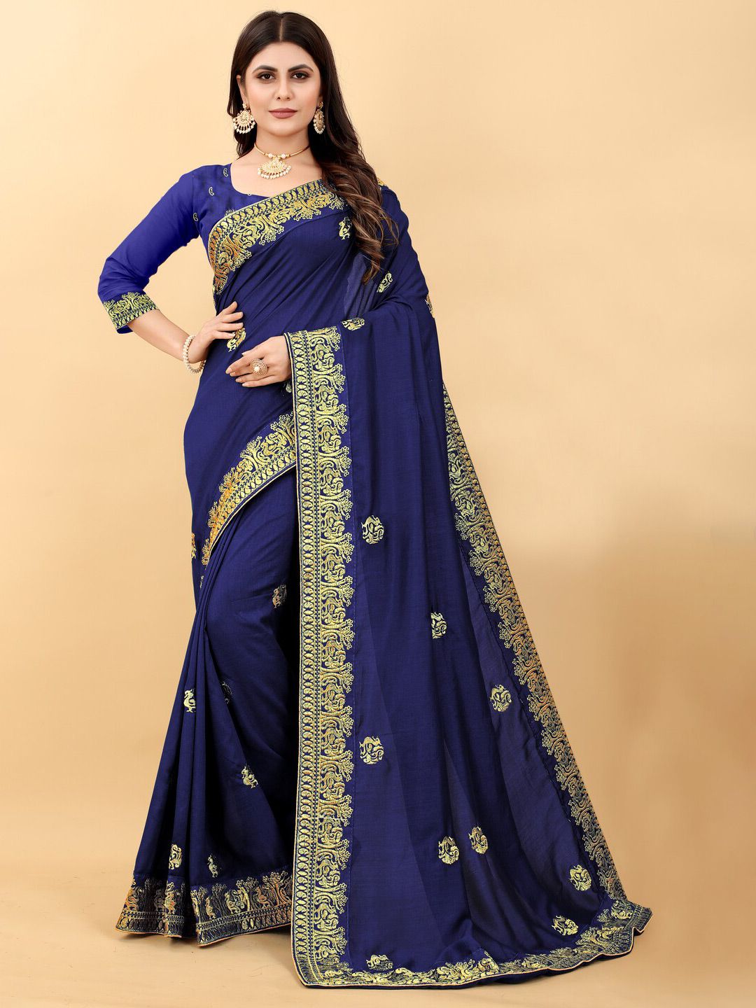 Monrav Navy Blue & Gold-Toned Ethnic Motifs Embroidered Silk Blend Saree Price in India