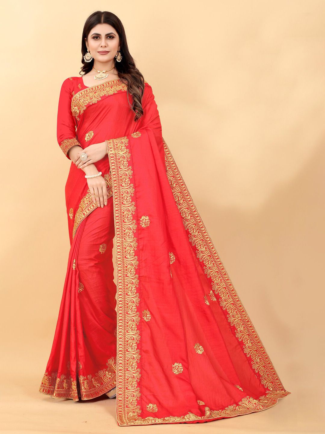 Monrav Red & Gold-Toned Floral Embroidered Silk Blend Saree Price in India